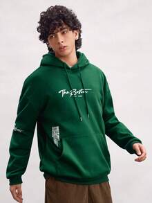 Open Phase 男士休闲字母图案口袋抽绳连帽运动衫，秋季 - 綠色 - 查看 3