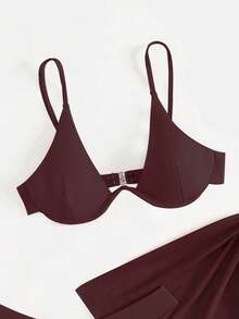 Swim Basics Bộ đồ bơi bikini dây mảnh đơn giản cổ yếm màu trơn dành cho nữ kèm chân váy sarong, đi biển mùa hè - Màu Đỏ Sâu - Xem 5