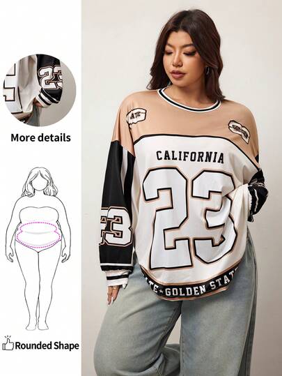Enliva 2025 Model Baru Musim Gugur dan Awal Musim Gugur Gaya Kasual Jalanan Olahraga Harian Kencan Festival Musik Leher Bulat Lengan Panjang Bahu Jatuh Super Longgar Kaos 23 Slogan Digital Logo Cetak Cokelat Sambungan Putih P, Pakaian Musim Gugur untuk Wanita Ukuran Plus, Untuk Bentuk Tubuh Bulat Apel