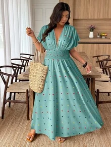 Weeklong Vestido casual de manga corta con estampado de corazones coloridos, cintura fruncida y arrugada para mujer de talla grande - Multicolor - Ver 4