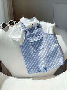 SHEIN Bộ 2 món/Bộ đồ liền thân áo sơ mi trắng tay ngắn dễ thương và quần đùi có dây đeo kẻ sọc thoải mái cho bé trai/bé gái, thích hợp mặc trong nhà, ngoài trời, hàng ngày, thể thao, vui chơi, tiệc tùng, chụp ảnh, ngày lễ, mùa xuân/hè - Màu xanh lam - Xem 7