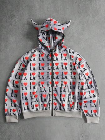 Sweat-shirt à capuche zippé casual à manches longues avec imprimé intégral pour hommes, coupe ample