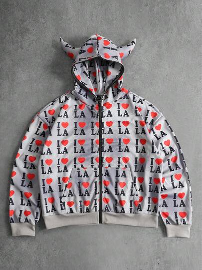 Sweat-shirt à capuche zippé casual à manches longues avec imprimé intégral pour hommes, coupe ample