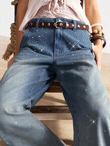 Bohemela 镶钻宽松休闲牛仔阔腿裤，适合度假和派对穿着 - 藍色 - 查看 4