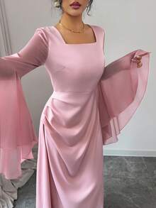 Rafferiza Váy dài Maxi Hồi giáo cổ vuông tay loe thanh lịch dành cho nữ, váy bó cạp cao, váy dạ hội sang trọng cổ điển, váy chụp ảnh bãi biển xuân/hè tôn dáng, trang phục dự tiệc cưới/tiệc vườn mùa Phục sinh/xuân, trang phục mùa thu nữ, trang phục mùa thu, thời trang mùa thu nữ, năm mới, trang phục lễ Tạ ơn nữ, tiệc tùng, đám cưới, sang trọng, dạ hội, tốt nghiệp nữ, thanh lịch, thời trang, sang trọng trang phục Hồi giáo thành thị - Hồng - Xem 3