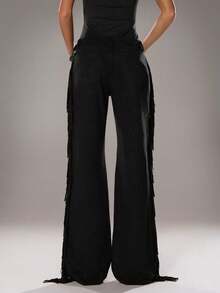 SHEIN TRNDY Women's Casual Flared Leg Faux Suede Fringe Side Pants, Autumn/Winter - Black - View 2
