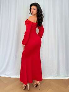 Rafferiza Đầm dài tay trễ vai họa tiết hoa ôm sát, trang phục Valentine thời trang và gợi cảm cho nữ, đầm thanh lịch cho nữ, đầm dài màu đỏ, đầm dạ hội đỏ sang trọng, đầm dự tiệc, đầm trễ vai cho nữ. - Đỏ - Xem 3
