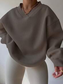 EMERY ROSE Plus Size Solid Color V-Neck Casual Pullover Sweatshirt - Brown - View 1