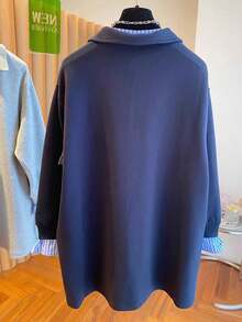 SHEIN 大码女式条纹拼接休闲宽松长袖卫衣 - 藏蓝色 - 查看 2