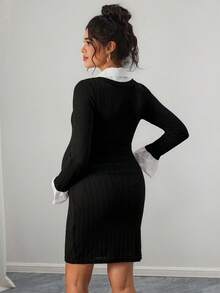 Momance Maternity Casual Black & White Patchwork Long Sleeve Dress - Black and White - View 2