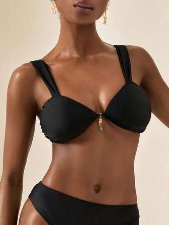 Écloséra Bestselling Summer Beach Casual Vacation Solid Color Swimwear, Elastic, Metal Decor Accessory Top