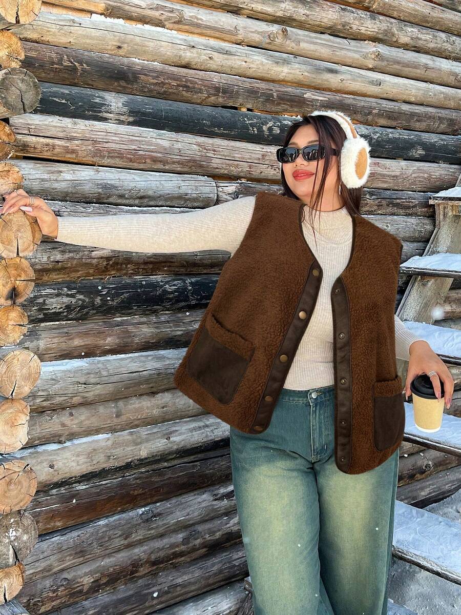 SHEIN EZwear 大码棕色前开襟纽扣口袋休闲无袖外套,秋冬款 - 棕色 - 查看 1