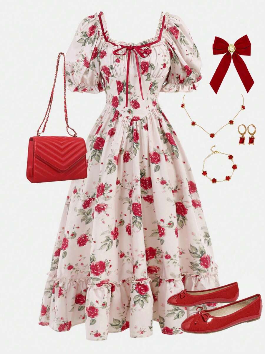 Girlism Vestido con cuello de corte corazón, mangas abullonadas, lazo de cinta de contraste y volante en el bajo, en estilo rosa y flores, adecuado para adolescentes, vacaciones, fiestas, graduación y almuerzos - Multicolor - Ver 1