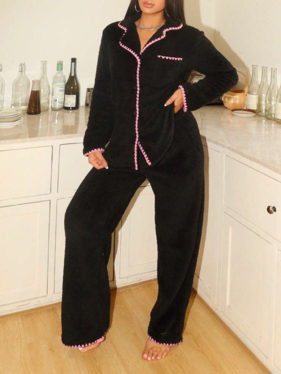 2件套 Lowkey Lull 杏仁奶油色柔软简约罗纹休闲长袖睡衣套装，极简主义男女通用睡衣 - 黑色 - 查看 1