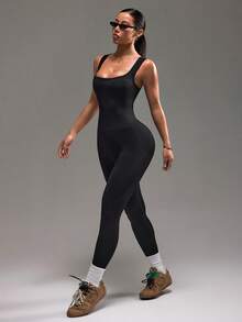 Dewbera Nahtlos, verstellbare Träger, körperkonturierter Sitz, Yoga, bodenlanger (verstellbarer Rücken) Gym Jumpsuit Yoga Jumpsuit Damen Athletik Jumpsuit Nahtloser Workout Jumpsuit Pilates Jumpsuit - Schwarz - Übersicht 3