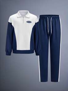 Driftmere 男士撞色拼接字母印花拉链卫衣裤套装，秋季服装 - 彩色 - 查看 10