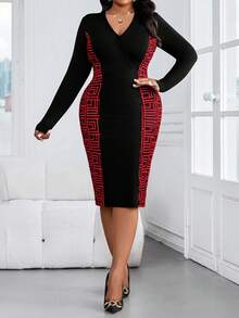 SHEIN Lady Đầm ôm dáng thanh lịch cổ chữ V họa tiết hình học cỡ lớn cho nữ - Nhiều màu - Xem 5