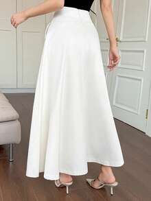 DAZY Falda maxi plisada de cintura alta con bolsillos de unicolor para mujer - Beis - Ver 4