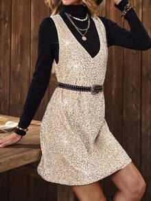 SHEIN LUNE Women's Velvet Sequin Embroidered V-Neck Pinafore Dress & Knit Turtleneck Top 2-Piece Set,Cream And Black,Summer,Elegant,Night Out,Parties - Apricot - View 1