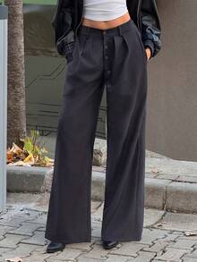 SHEIN TRNDY 女士宽松休闲纽扣长裤，垂坠感舒适，适合秋冬季穿着 - 深灰色 - 查看 8