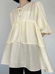 FRIFUL 女士圆领交叉系带下摆层叠荷叶边花瓣袖衬衫 - 米色 - 查看 5