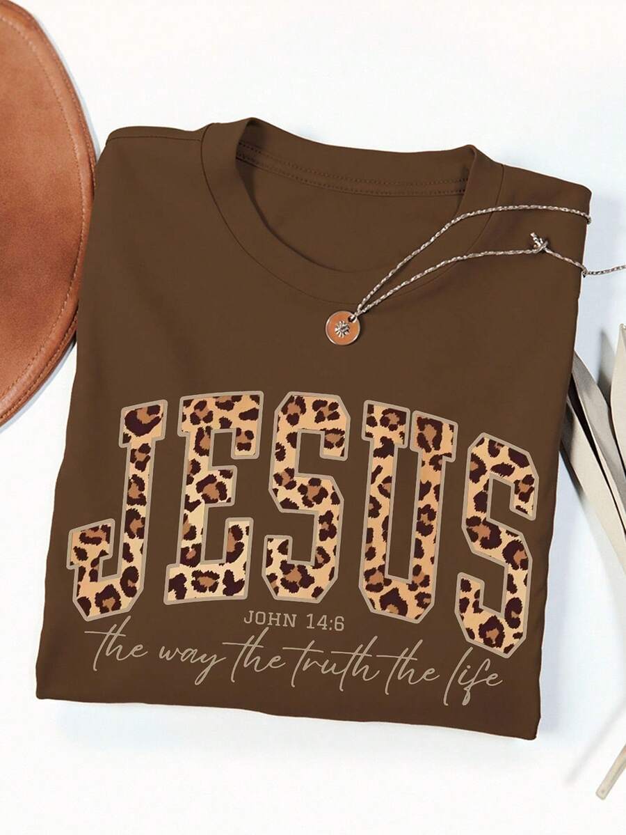 EMERY ROSE Vintage Leopard Print JESUS Faith Print Casual Plus Size T-Shirt - Coffee Brown - View 1