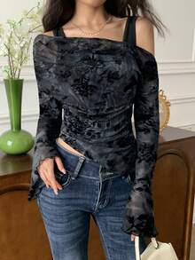 EastFlair Women's Floral Asymmetric Neck Long Sleeve Ruched Fitted Stylish Blouse/Summer\Vacation - Black - View 5