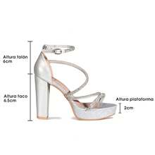 WEIDE Sandalias de Tacón Grueso con Brillantes para Mujer, Diseño Elegante con Plataforma, Material Glitter, Ideales para Vestidos de Noche, Fiestas, Bodas y Eventos de Gala - Plateado - Ver 7