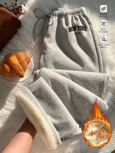 Comfortcana 女士休闲简约风黑色纽约字母印花保暖内衬系带宽松运动裤，适合日常穿着和返校季