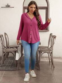 SHEIN LUNE Cárdigan con capucha acanalado de unicolor para mujer de talla grande - Rosa Fucsia - Ver 6