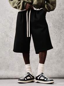 SUMWON Relaxed Fit Knee Length Drawstring Shorts With Side Pockets For Casual Summer Wear Plain - Black - View 5