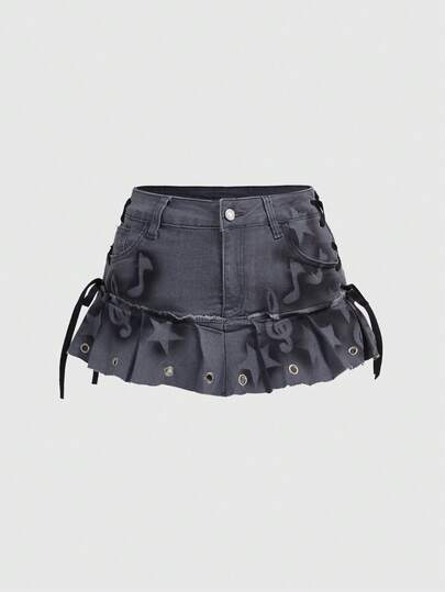 Grunge Punk Jupe mini en jean plissée à taille basse super courte avec motif de notes de musique, style Y2K rétro sexy