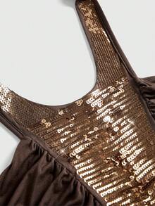 ROMWE Hippie 复古性感派对闪亮亮片拼接褶皱露背吊带上衣 - 棕色 - 查看 4