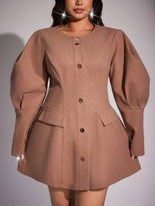 Viva Relle Valentine Plus Size Lantern Sleeve Fitted Wool Coat - Khaki - View 3