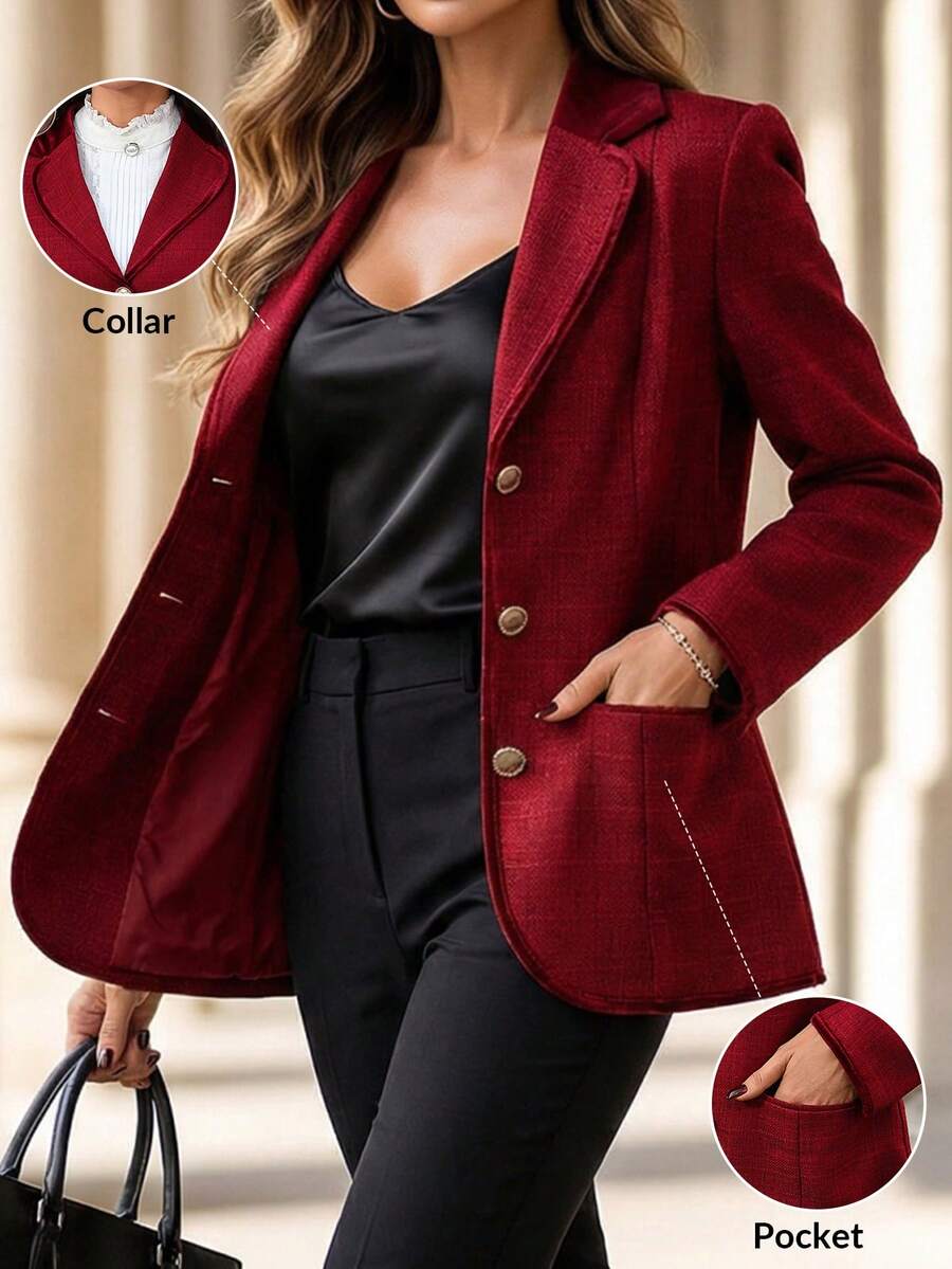 SHEIN Clasi 女士优雅红色粗花呢天鹅绒拼接领修身西装外套，适合派对穿着