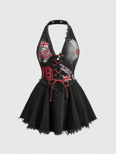 ROMWE Avant Women's Retro Motorcycle Style Back To School Collegiate Numeric English UK Flag Print Denim Sleeveless Dress