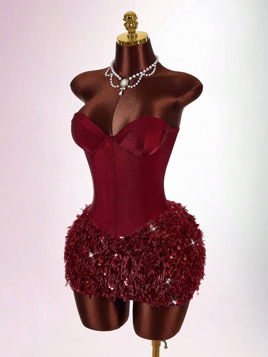 Amplova Women's Sexy Elegant Party Cocktail Dress With Sequin Patchwork And Fluffy Hem, Fitted Strapless Mini Dress - Red Violet - View 1