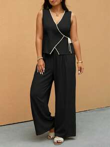 Elaquor Bộ 2 món quần ống đứng và áo vest buộc dây màu sắc đơn giản thường ngày cỡ lớn dành cho người đi làm - màu đen - Xem 3