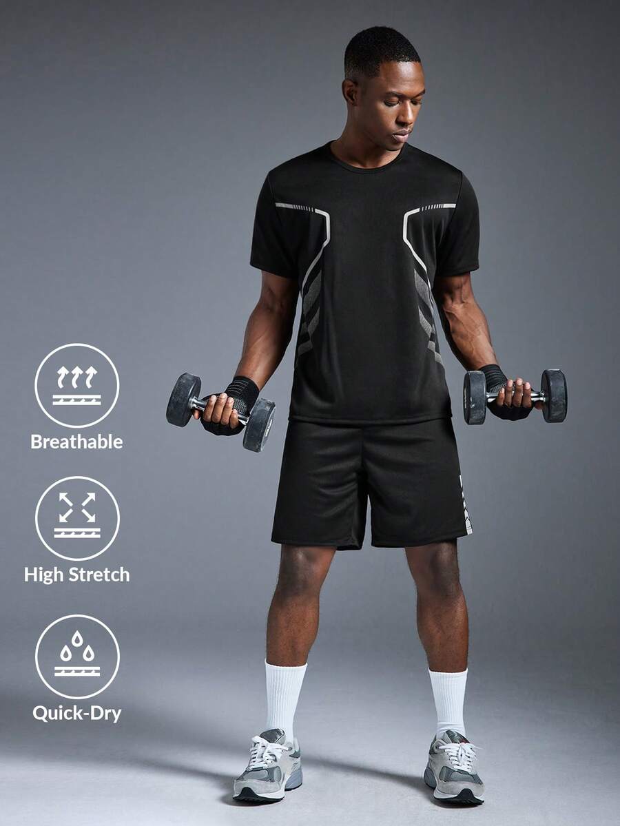 Driftmere 男士夏季短袖两件套运动休闲套装，圆领T恤+短裤，春夏皆宜，舒适柔软，适合日常休闲运动和健身房锻炼，运动休闲风，时尚有型 - 黑色 - 查看 1
