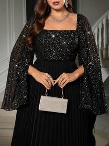 SHEIN Clasi Curvy Plus-Size Women's Black Elegant Formal Evening Dress,Autumn Shimmering Chiffon Square Neck Open Sleeve Pleated Hem Fitted Waist Party Ball Gown - Black - View 10