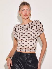 COSMINA 女士波点印花褶皱短款修身时尚上衣，优雅衬衫，适合日常穿着、与朋友聚会、下午茶等场合，披肩式二合一设计，杏色和棕色波点图案，春夏款 - 彩色 - 查看 4