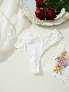 SHEIN 女士蕾丝拼布蝴蝶结装饰性感丁字裤 - 白色 - 查看 4