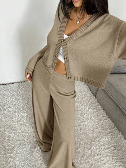 SHEIN EZwear Conjunto de suéter de punto casual de camello para mujer, adecuado para otoño/invierno