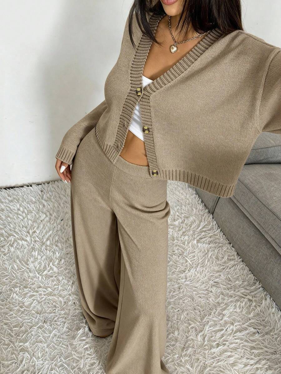 SHEIN EZwear 女士休闲驼色针织衫套装，适合秋冬季穿着 - 駝色 - 查看 1