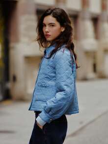 lacRébo Áo khoác chần bông màu hồng bụi mùa thu có cổ nhún bèo và nút cài phía trước dành cho nữ mùa thu đông - Màu xanh lam - Xem 4