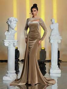 Glamrae Elegant Navy Blue Velvet Mesh Hollow Handmade Gradient Beaded Draped Fishtail Trailing Evening Gown - Camel - View 6