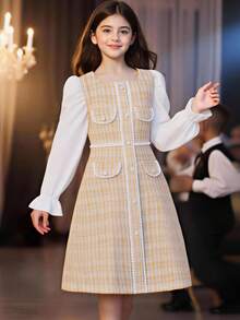 Sparklyn 青少女對比色斜紋蓬袖連衣裙