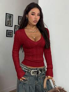 Coolane 女士冬季复古学院风 Y2K 日常穿着外出文艺复兴集市红色长袖V领针织毛衣 - 酒紅色 - 查看 3