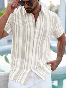 Manfinity RSRT Regular Shoulder Striped Front Button Casual Summer Slim Fit Short Sleeve Shirt - Khaki - View 4