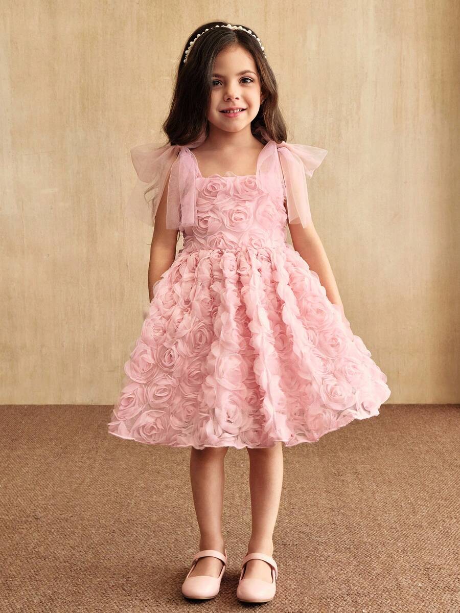 SHEIN 年轻女孩3D花卉装饰肩结优雅派对礼服 - 粉色 - 查看 1